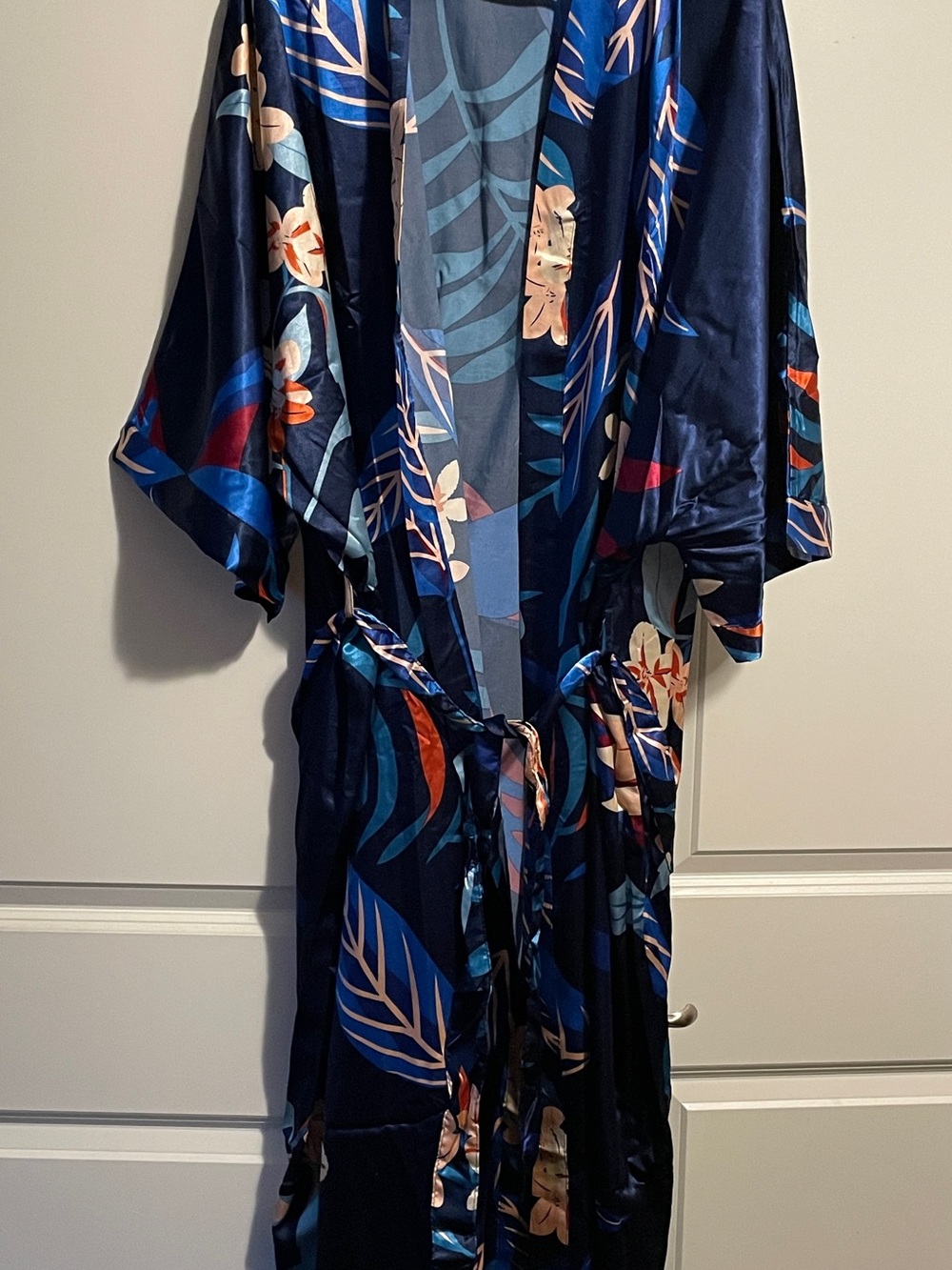 Floral Satin Kimono Robe - Navy Blue